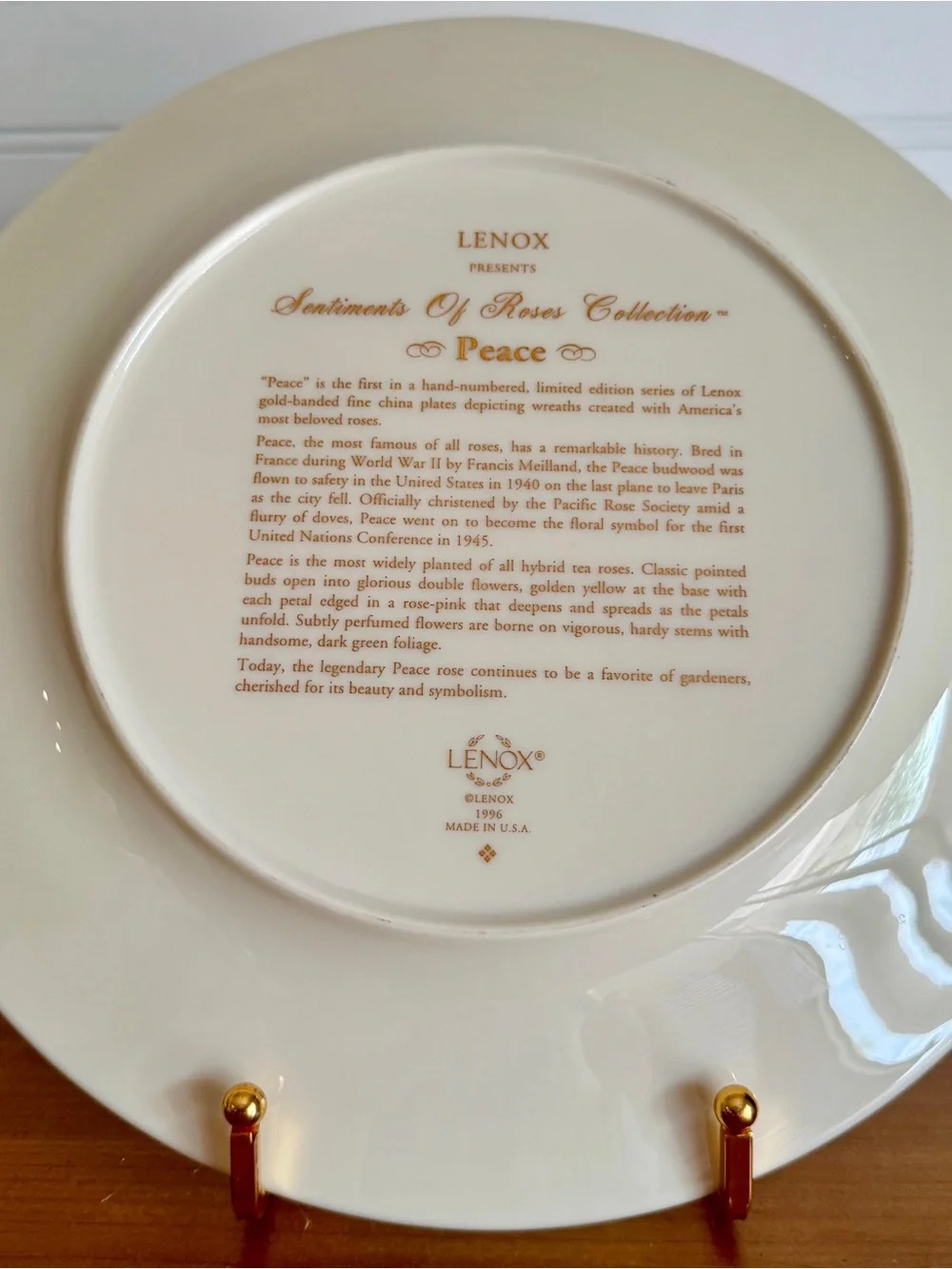Vintage 1996 Lenox Sentiments of Roses “Peace” Plate